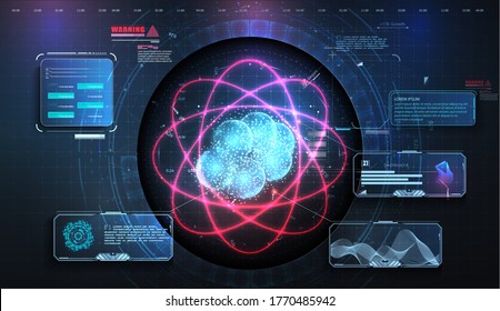 Abstract Background. Elegant Glowing Circle. Light Ring. Atoms And Electrons. HUD, UI, GUI Display Work On Project Augmented Reality. Futuristic  Atom Particle Physics Data Analysis Digital Device