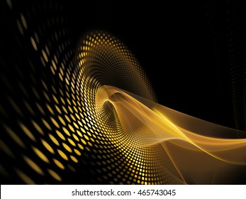 Abstract background element. Fractal graphics series. Three-dimensional composition of glowing lines and mosaic halftone effects. Yellow gold and black colors.