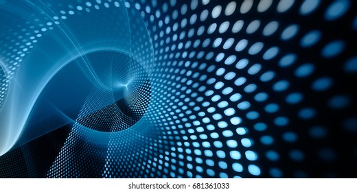 Abstract background element. Fractal graphics series. Three-dimensional composition of glowing lines and mosaic halftone effects. Wide format high resolution image. Blue and black colors.