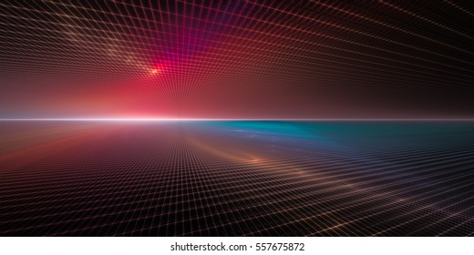 Abstract Background Element. Grid Planes Perspective. Retro Sci Fi Style. Time And Space Concept. Red And Blue Colors On Black.