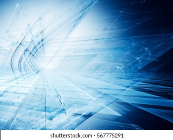 Abstraktes Hintergrundelement. Dreidimensionale Zusammensetzung von leuchtenden Gittern und Wellenformen. Wissenschafts- und Technologiekonzept. Blaue Farben.