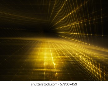 Abstract Background Element. Three-dimensional Composition Of Glowing Grids And Wave Shapes. Science And Technology Concept. Golden Yellow And Black Colors.