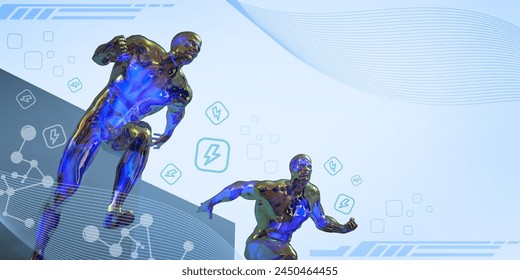 Abstract background with exercise. Innovative concepts in medicine and healthcare for the elderly with future technology. virtual reality technology, people, physiotherapy, patients, 3d rendering.
