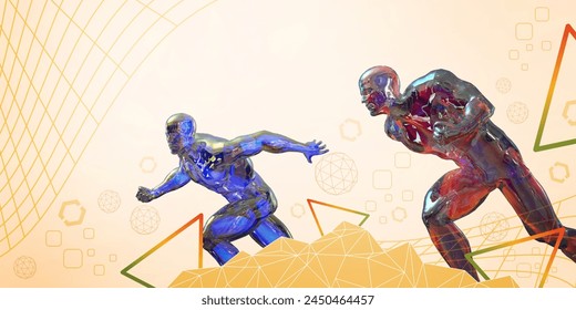 Abstract background with exercise. Innovative concepts in sports science and physical health care with technology. virtual reality technology, yellow, people, physiotherapy, patients, 3d rendering
