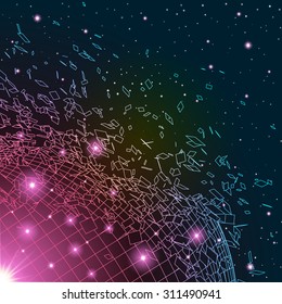 Abstract background with exploded round shiny grid and scattered particles