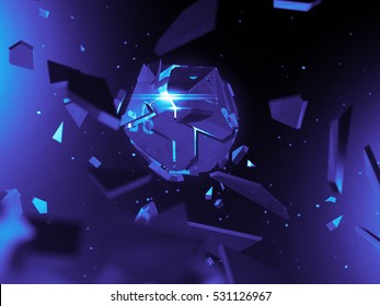 Abstract Background Explosion.  3d  Render Illustration.Explosion Of The Multifaceted Object In Space. Space War