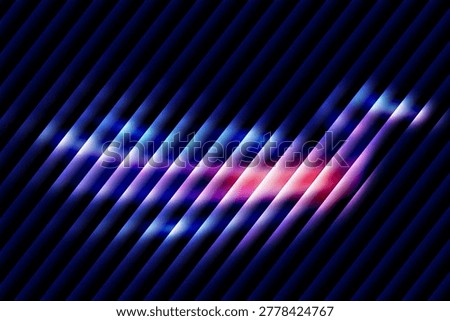 An abstract background features diagonal dark blue stripes with a vibrant neon glow of pink, purple, and blue light emanating from the center.