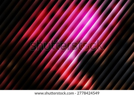 An abstract background features diagonal lines in shades of pink, red, and black. A bright pink light emanates from the center, creating a glowing effect.
