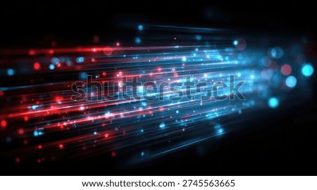 Abstract background features dynamic glowing blue and red light streaks with sparkling particles, representing speed and data flow.