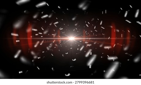 An abstract background featuring a central light flare, glowing red rays, and floating particles on a black background. Perfect for festive themes, dynamic motion graphics, or futuristic digital designs.