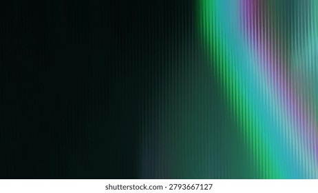 An abstract background featuring a dark surface with fine vertical lines, illuminated by a soft, curved rainbow-colored light leak effect on the right side.