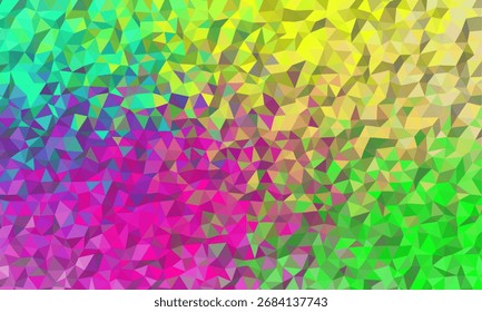 An abstract background featuring a dense pattern of triangles in bright shades of pink, magenta, green, and yellow with a textured appearance.