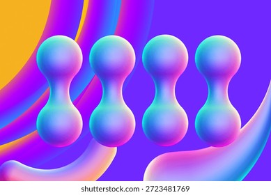 Abstract background featuring four smooth, futuristic, iridescent, dumbbell-shaped objects glowing with soft cyan and magenta light against dynamic purple and yellow swirling backdrop illustration good for technology or modern design.