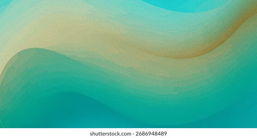 Abstract background featuring smooth fluid waves in a striking teal and gold gradient. This modern, dynamic design has a prominent noise grain texture overlay, creating a rough surface effect