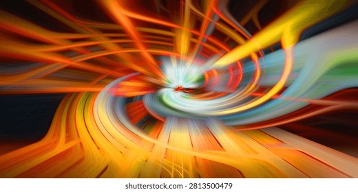 Abstract background featuring vibrant orange yellow light streaks spiraling outwards from center creating sense of dynamic energy motion with fluid glowing lines and artistic vortex.