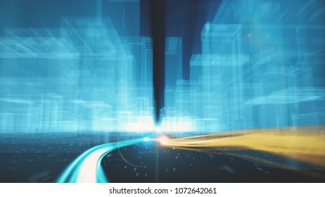 Abstract background of fiber optic cables carrying information into wireframe city buildings 3d illustration
