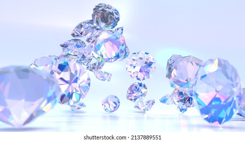 Abstract background with flying purple gem stones. Iridescent faceted rocks, jewelry precious or crystal minerals. Gemstones with refraction light in glass amethyst, diamond or sapphire, 3d wallpaper