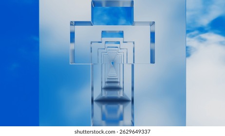 abstract background glossy rows of rectangles with a cross-shaped hole going into the distance against the blue sky. 3d render illustration
