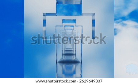 abstract background glossy rows of rectangles with a cross-shaped hole going into the distance against the blue sky. 3d render illustration