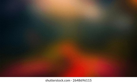 Abstract background with a grainy texture featuring a gradient of dark blues greens oranges and reds evoking a moody atmosphere
