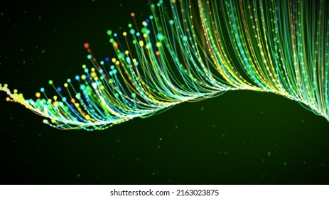Abstract Background Green Light Glowing Particles Dotted Fiber Lines Moving Up With Glitter Dust Sparkle