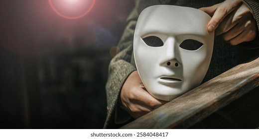 Abstract background. Hacker and Scam Prevention Concept in Online Systems. Mask, Hand, Mystery, Hide, Fraud, Secret, Exposure, Information