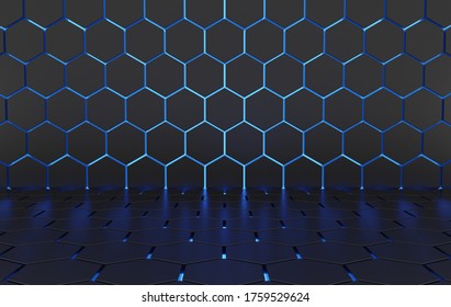 Abstract background of hexagons backlit with blue light 3D Render