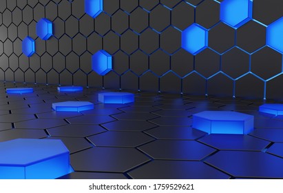 Abstract background of hexagons with some raised and lit with blue light 3D Render