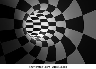 Abstract Background. Illuminated Tunnel Of Patterns Of White And Black Squares, Checkerboard. 3d Illustration. 3d Render