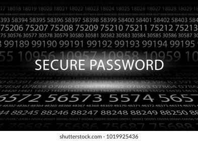 Abstract background image of black space from a set of rows of five-digit white numbers of different sizes and a luminous inscription in the center. Secure password