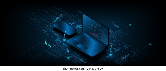 Abstract background image, digital technology concept, circuit board, network, graph, market data, technology trading on laptop and mobile phone