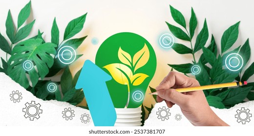 Abstract background. Innovative concept of sustainable green energy technology with eco friendly design to improve living. Hand, Bulb, Direction, Grow, Arrow, gear - Powered by Shutterstock