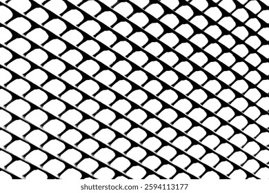 Abstract background inspired by a plastic net pattern. Perspective view of Fish netting. Black and white pattern on a bias. Diagonal lines and curves.