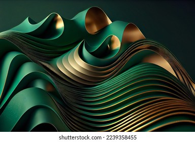 abstract background of interlacing yellow-green ribbons with gold on a green background