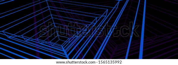 abstract background, light blue futuristic\
architecture concept thin geometrical lines, creating space\
subdivisions. black background 3d\
illustration