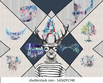 Abstract background, light and dark tiles, the outlines of buildings, large funny deer with horns with glasses and a striped T-shirt