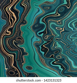 abstract background, malachite green wavy lines with gold glitter veins, modern marbling illustration, fake creative stone texture