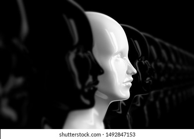 Abstract Background With Many Identical Black Out Of Focus Female Doll Faces, One Of Which Is In Focus And Highlighted In White Color 3D Illustration