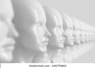 Abstract Background With Many Identical Out-of-focus Female Doll Faces, One Of Which Is In Focus 3D Illustration