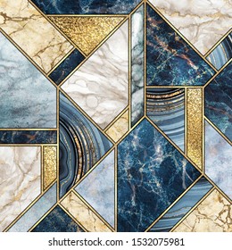 abstract background, modern marble mosaic, artificial agate granite jasper stone texture, blue white gold marbled tile, geometrical fashion marbling illustration, art deco wallpaper