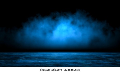 Abstract Background With Mystic Blue Smoke Over Old Asphalt. Empty Dark City Street With Horror Atmosphere. Night Scene With Fog Without People. 