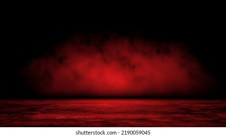 Abstract Background With Mystic Multi Colored Smoke Moving Over Old Wet Asphalt. Empty Dark City Street With Horror Atmosphere. Night Scene With Fog Without People. 