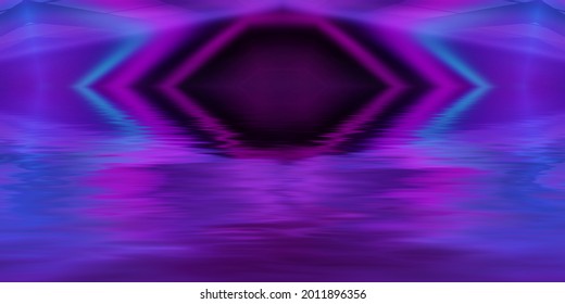 Abstract background. Neon multicolor light reflects off water. Beach party, light show. Blurry lights glisten on the surface. 3d illustration