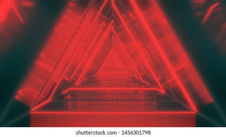 Abstract background with neon red triangles. Neon Triangular Electric Techno Lights. red and orange golden  Laser beams with grid - Illustration