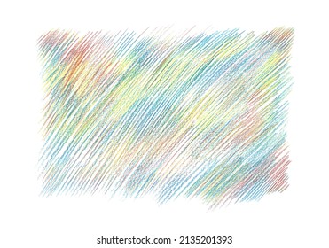 Abstract background painted with colored pencils. Chaotic expressive homogeneous strokes. The rainbow rectangle is isolated on a white background.