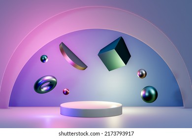 Abstract Background Podium Gold And White With Geometric Shapes With Half Circle For Product Display Presentation Isolated On Pink And Blue Background , Illustration 3D Rendering