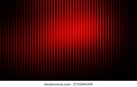 Abstract background presents a striking visual composition dominated by deep red vertical slats resembling textured blinds or a heavy stage curtain illuminated by a central bright glow that fades dra