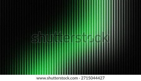 Abstract background presents a striking visual composition where intense neon green illumination slices diagonally across a field of closely spaced vertical black textured slats creating a powerful s