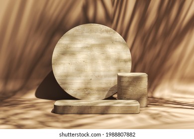 Abstract background for product presentation, Sunshade tropical plants shadow on wooden platform, summer atmosphere. 3d rendering
