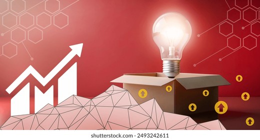 Abstract background with progress and learning lightbulb representing new learning. Red color, Digital Communication, Creativity, Innovation, Technology, Smartphone
